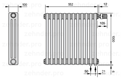 Схема (чертеж) Радиатор Zehnder Charleston 3100/12 №V002 Белый глянцевый RAL 9016